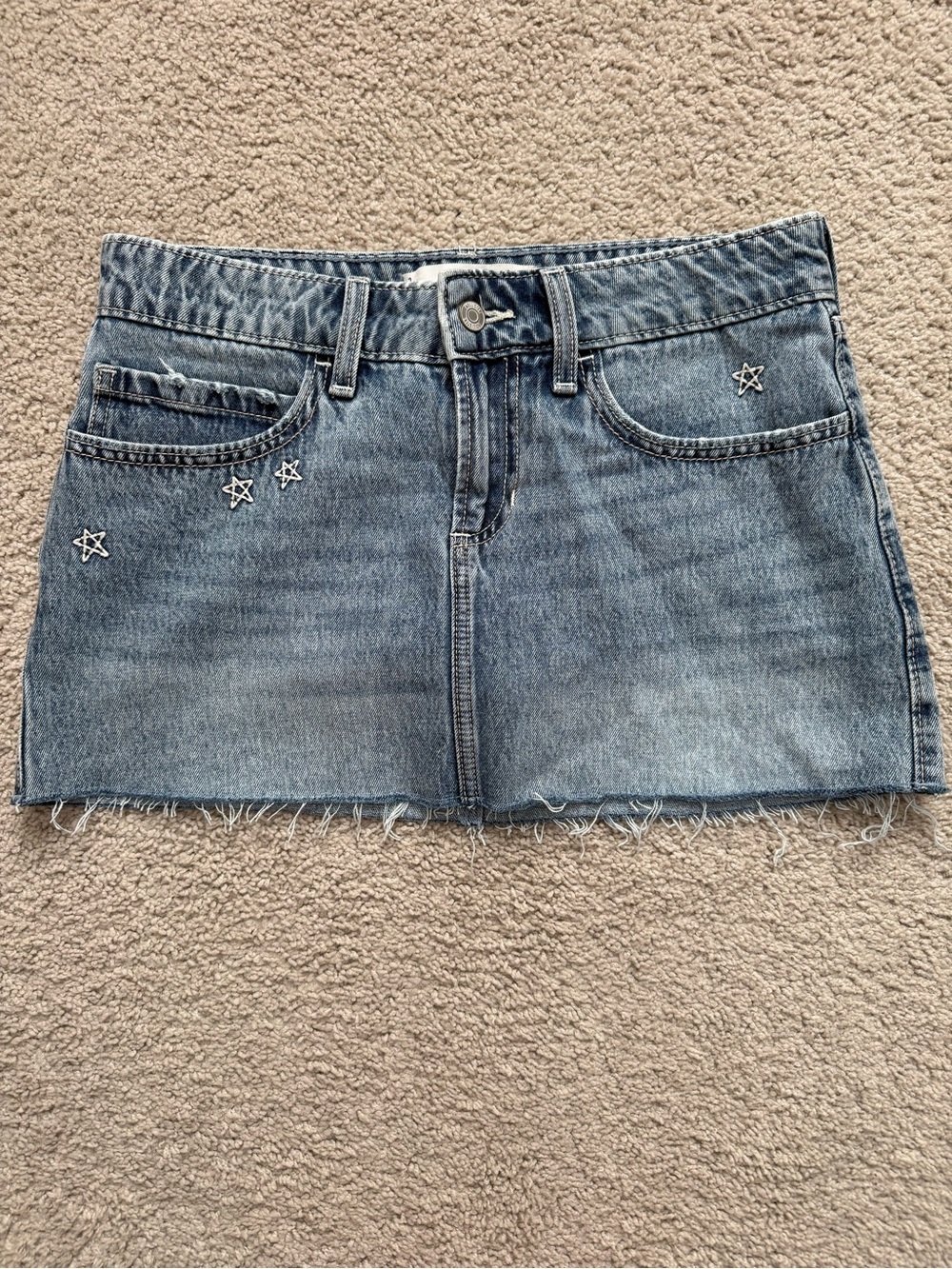 Hollister Light Blue Denim Mini Skirt with Star Embroidery and built in shorts